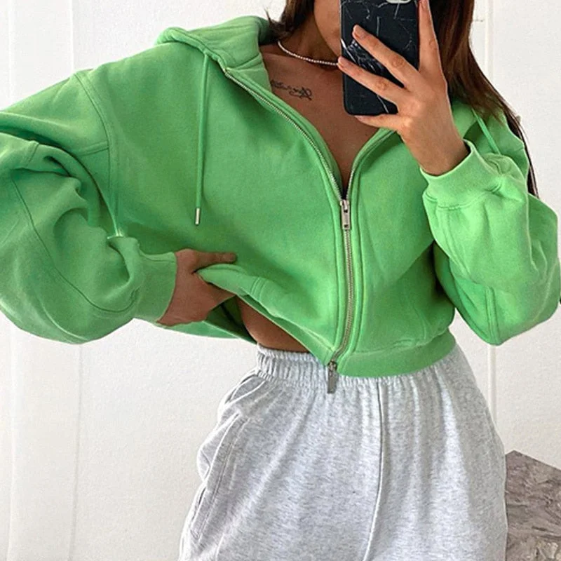 Now or Never Awakecrm  Autumn Winter Women Green Long Sleeve Streetwear Hooded Zipper Sweatshirt Coats Loose Oversized Crop Top Short Jackets