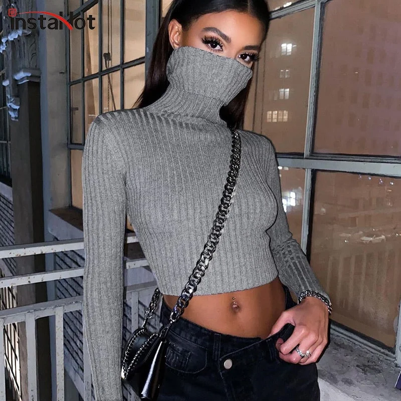 Online Only Awakecrm Christmas Gift InstaHot pullovers knitted sweater women casual turtleneck sweaters jumpers solid gray black female sweater knitwear crop top