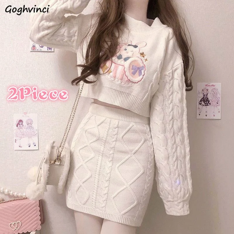 Price Cut Awakecrm Christmas Gift Women Sets Knitted O-Neck Full Sleeve Casual Crop Tops Kawaii Embroidery Sweaters Mini Knitted Twist Skirts Female Harajuku Ins