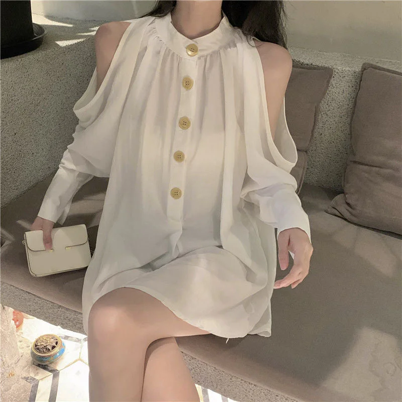 Epic Deals Awakecrm Deeptown Elegant White Women Blouses Casual Sexy Vintage Chic Off Shoulder Long Sleeve Shirt Dress Summer Female Fashion Loose