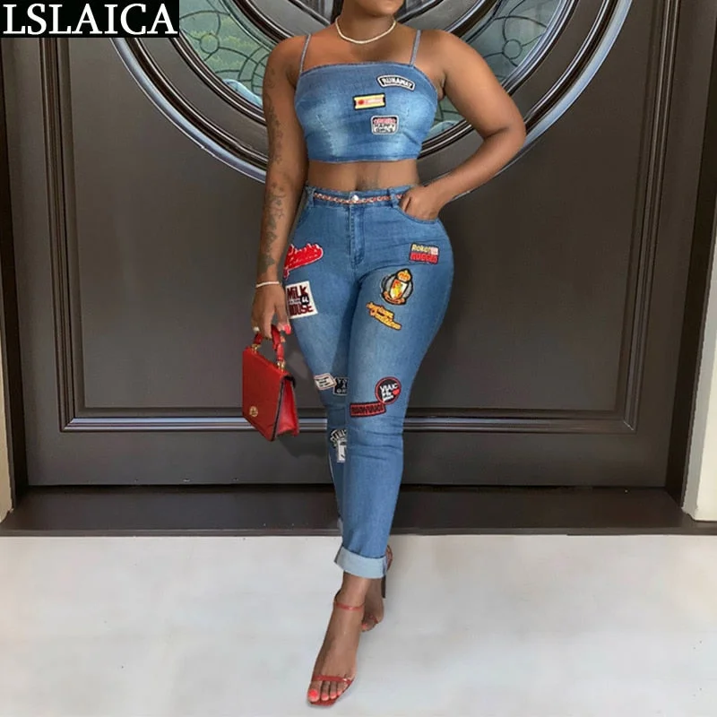 Shop and Save Denim Sexy Two Piece Set Women Summer Print Spaghetti Straps Crop Top Jeans High Waist Pencil Pants Casual Streetwear Suits
