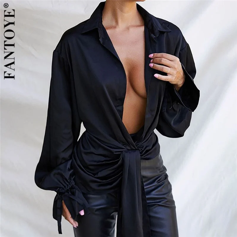 Can't Miss Awakecrm Black Sexy V Neck Petal Sleeve Blouses Woman Fashion  Elegant Bandage Irregular Loose Shirts Casual Plus Size Tops