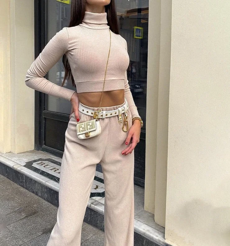 Special Discount Awakecrm Casual Ribbed 2 Piece Set Women Matching Sets Turtleneck Long Sleeve Crop Top Wide Leg Pant Outfits Solid Fitness Suit