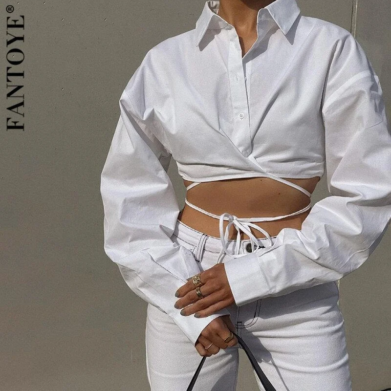 Crazy Deals Awakecrm Turn-down Collar Bandage Button Women Blouses White Long Sleeve Sexy Short Blouses Ladies Summer Skinny Streetwear