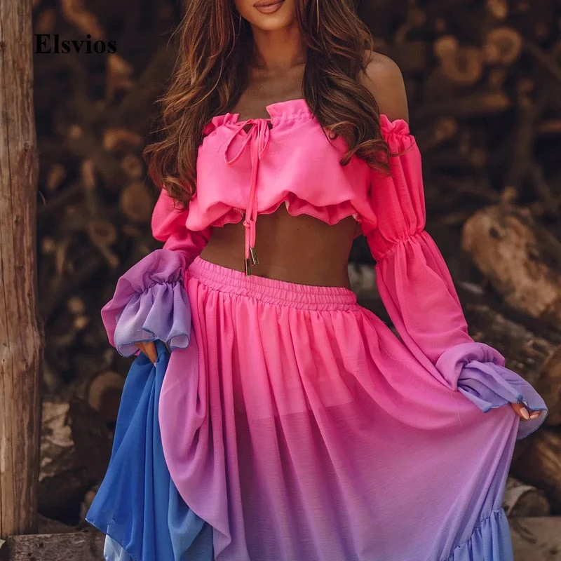 Reduced Prices Fashion Gradient Long Skirt Beach Suits Spring Summer See-Through  Long Sleeve 2 Piece Sets Sexy Tie-Up Ruffle Crop Tops Outfits
