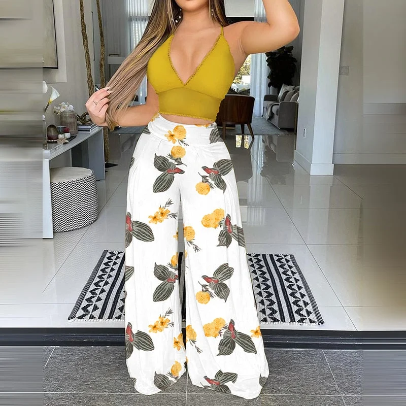 Price Rollback Fashion Two Piece Set Casual Wear Suits Set Two Piece Outfit FloralPrint Spaghetti Strap Crop Top & Wide-leg Pants Set