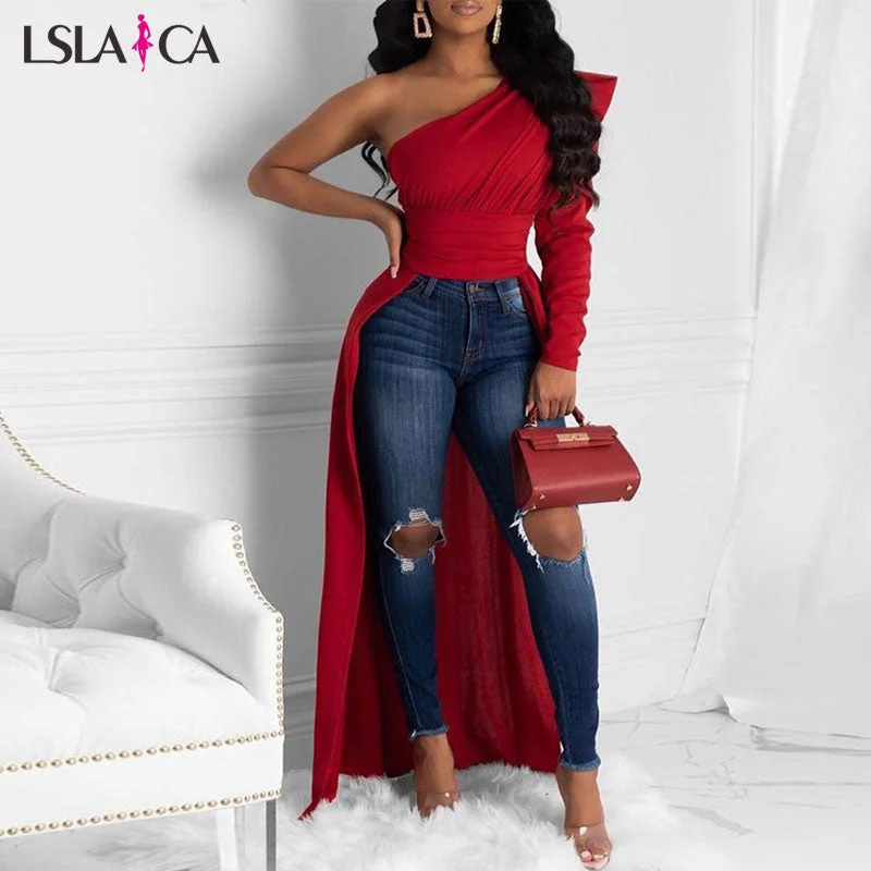 Best Bargains Fashion Women Blouses One Shoulder Puff Sleeve Irregular Elegant Solid Color Female Tops Short Front Long Back Autumn