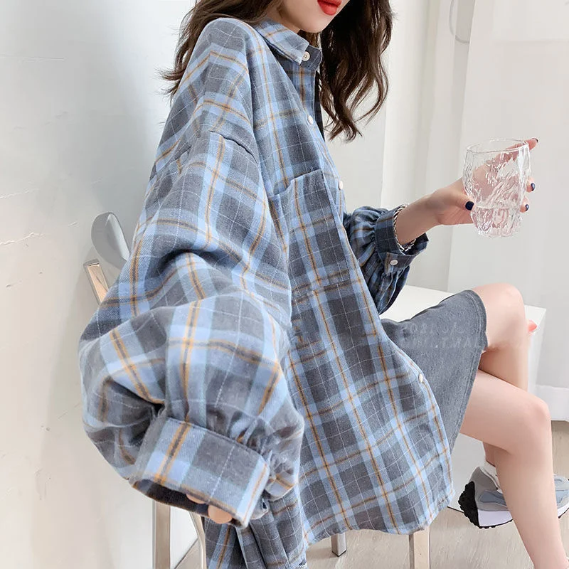 Early Access Awakecrm HOUZHOU Korean Style Basic Plaid Blouses Women Oversized Harajuku Daily All-Match Long Sleeve Chic Shirt Female Female Clothing