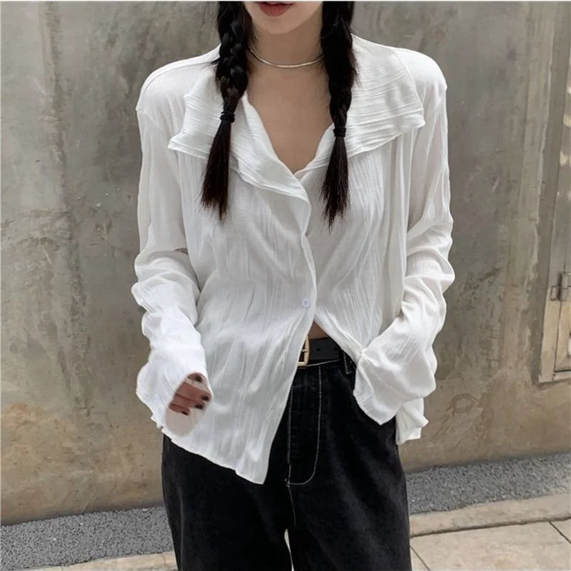 Don't Wait Awakecrm HOUZHOU White Blouses Women Elegant Shirt Female Aesthetic Y2k Harajuku Pleated Chic Long Sleeve Top Ladies Loose Korean Vintage