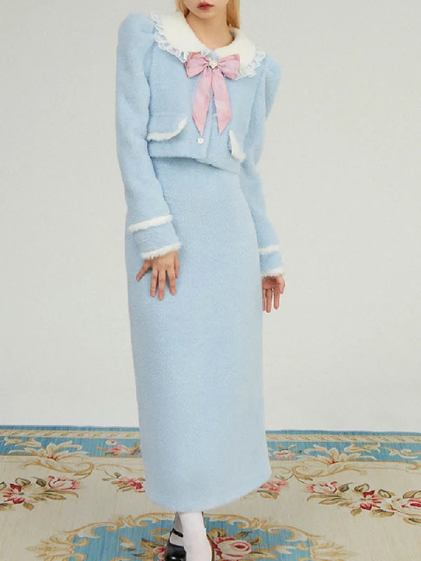 Act Now Joskka Autumn Japanese Lolita Two Piece Set Women Bow Kawaii Sweet Long Skirts Suit Female Lace Elegant Coat + Designer Skirt 2023 New