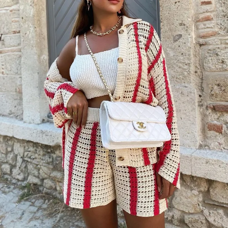 Final Sale Joskka  Autumn Knitted Hollow Out Women Shorts Sets Long Sleeve Cardigan For Female And Red Stripe Shorts Loose Y2K Casual Sweater