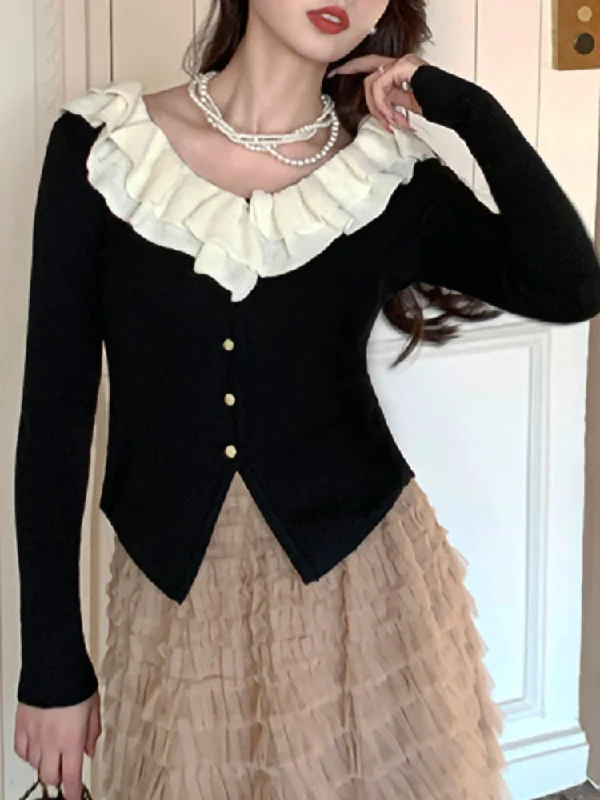 Don’t Miss Out Joskka Autumn Korean Fashion Knitted Cardigan Women Ruffles Patchwork Causal Sweet Sweater Female Long Sleeve French Vintage Coat 2023
