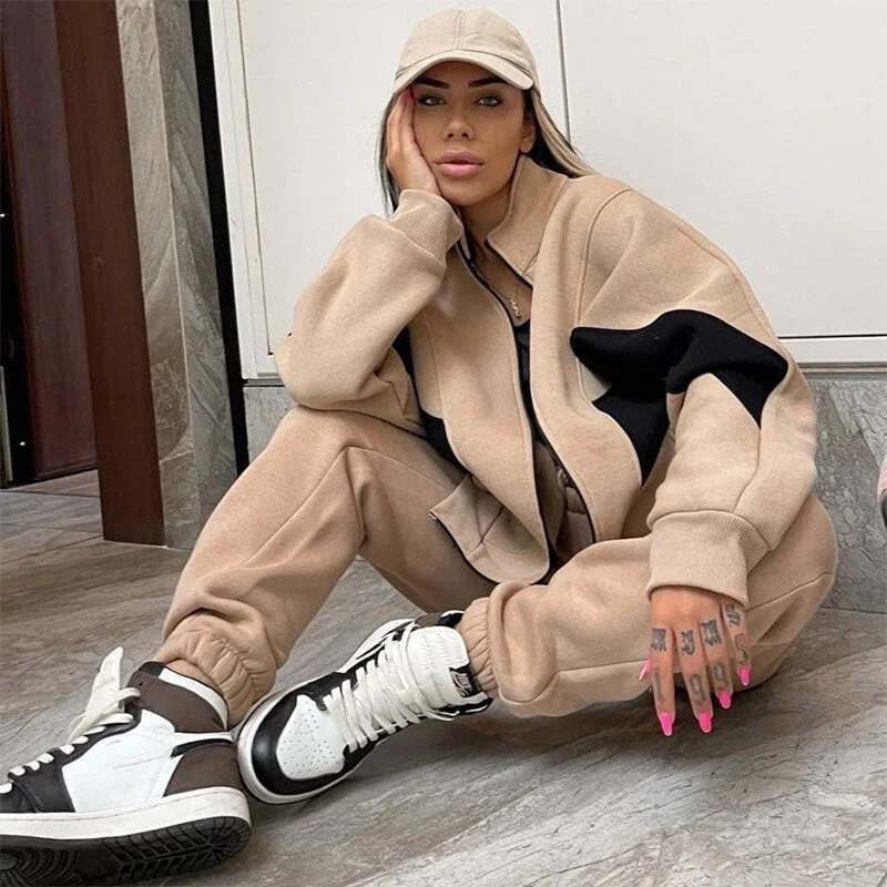 Deal of the Week Joskka  Autumn Winter Two Piece Sets Tracksuit Women Long Sleeve Zippered Cardigan Leisure Pant Suit Warm Loose Sportswear Outfits