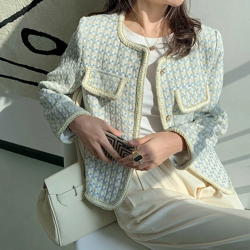 Instant Discount Joskka Autumn Women's Tweed Jacket French Luxury Elegant Commuter Round Neck Single-breasted Short Top Coat Jackets Fall Outfits