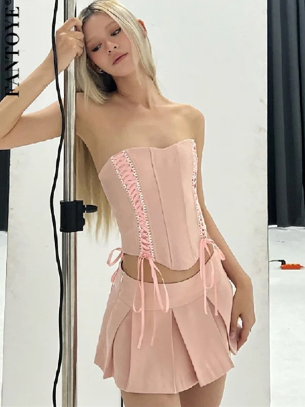 Today's Special Joskka Casual Two Piece Sets Women Skir Suit Pink Strapless Lace Up Crop Top A-line Skirt Female Summer Outside Streetwear