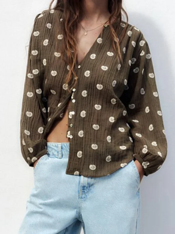 Major Savings Joskka Embroidered Blouse Women V Neck Long Sleeve Casual Vintage Blouses  Elegant Button Up Shirts Fall Blouse