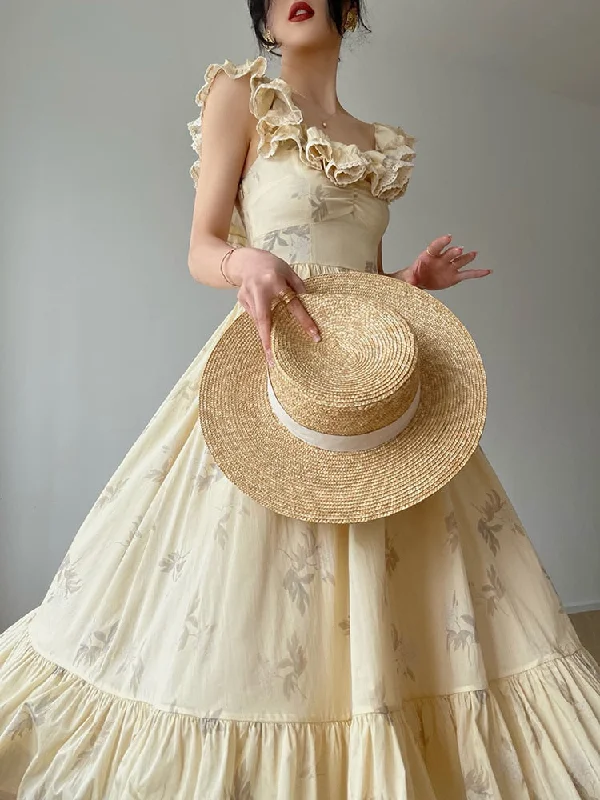 Special Offer Joskka France Vintage Elegant Print Dress Women Lace Retro Evening Party Long Dress Sleeveless Casual Summer Beach Boho Dress