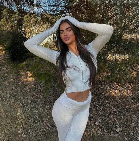 Can't Be Beat Joskka Inwoman Knit 2 Piece Sets Women Tracksuit Long Sleeve Zipper Hooded Sweater Jackets Crop Top Flare Pants Stretchy Matching Suit