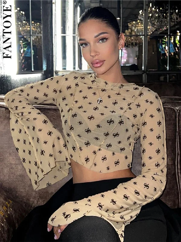 Must-Have Deals Joskka Irregular See Through Women T-shirt Khaki Long Sleeve Round Neck T-shirt Female Autumn Casual Print Streetwear