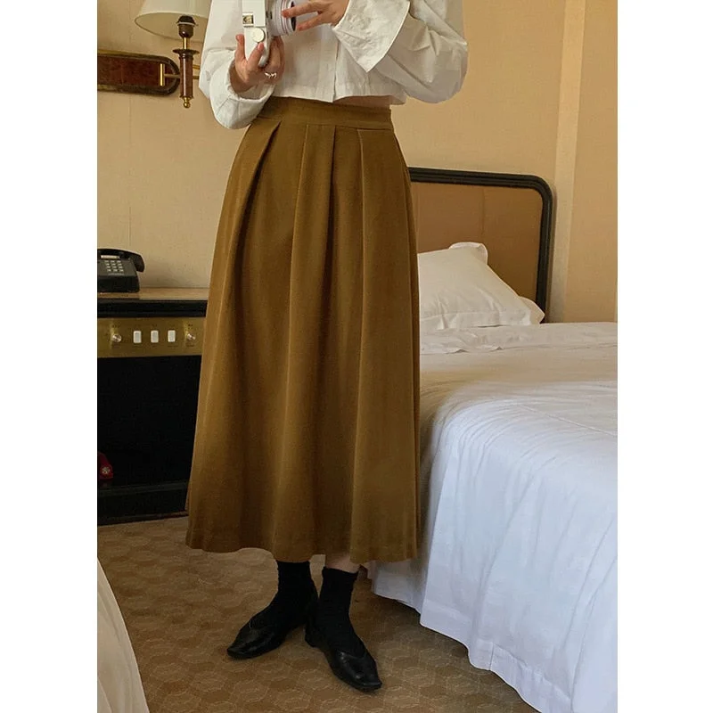 Super Bargain Joskka Knitted Corduroy Skirts For Women High Waist Pleated Skirt Harajuku Autumn Winter Maxi Skirt Faldas Largas Jupe