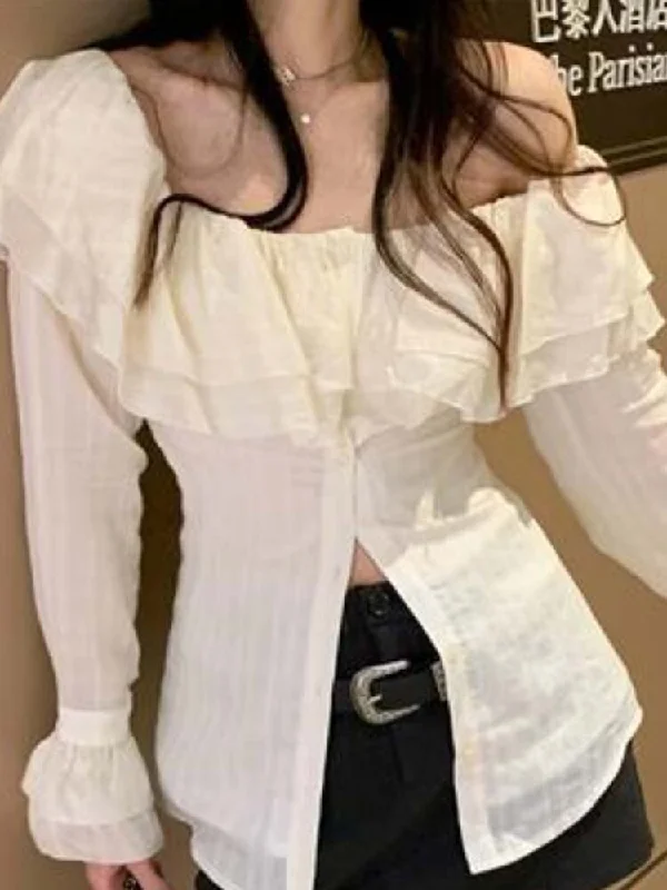 Price Cut Joskka Korean Blouse Slash Neck Slim Chiffon Shirts Blusas De Mujer Ruffles Fashion Sweet Blouses Tops Femme Fall Outfits