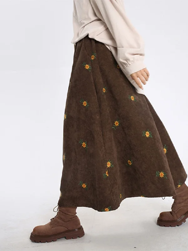 Holiday Sale Joskka Korean Style High Waist Corduroy Embroidery Long Skirt Women Loose Floral A-line Skirt Casual Retro Skirt Elegant Fall Outfits