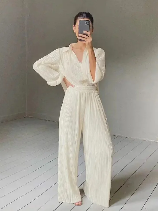 Huge Savings Joskka Large Size Homewear Women Elegant Pleated Two Piece Set Loose Long Sleeve Blouses And High Waist Wide Leg Pants Female Outfits
