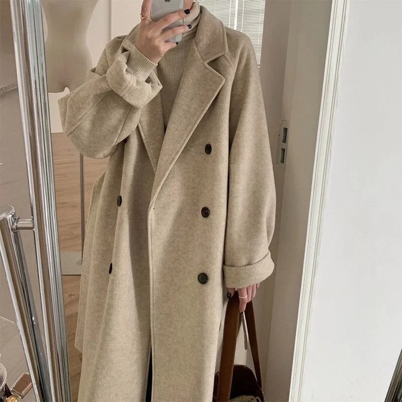 Weekend Deal Joskka Long Section Tweed Coat Women Korean Fashion Commuter Lapel Loose Oversized Double-breasted Black Jacket Fall Outfits