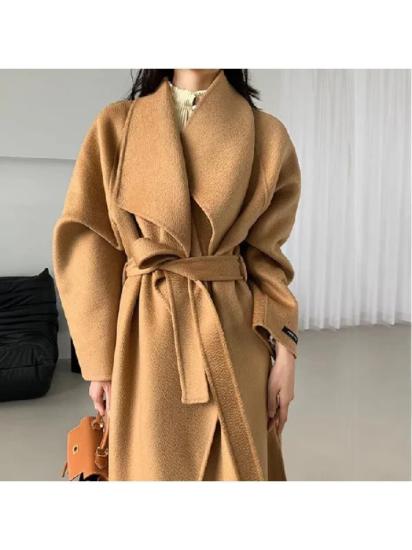 Limited Availability Joskka  New In Outerwear Water Ripple Double-Sided Long Women Loose Lacing Belt Bathrobe Style Woolen Jackets Fall Outfits