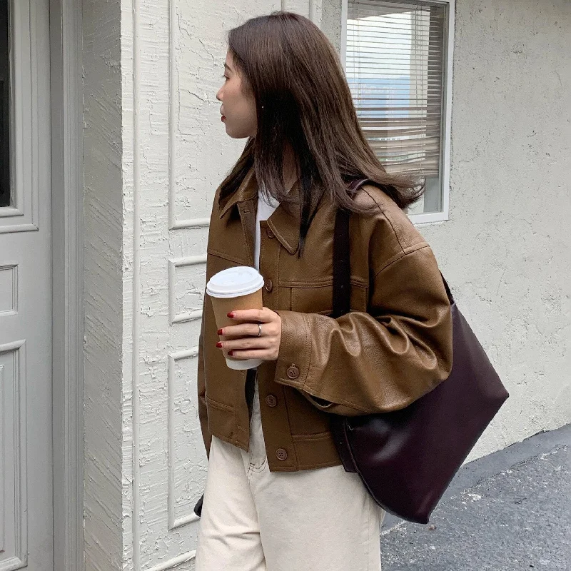 Hurry In Joskka New PU Leather Jacket Women Korean Fashion Sweet  Loose Lapel Single-breasted Short Tops Coat Motorcycle Jacket Fall Outfits