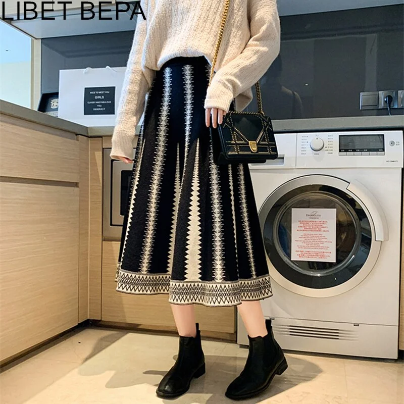 Discount Mania Joskka New  Women's Autunm Winter Skirt Knitted Elegant High Waist Fashionable Retro Warm Wild Vintage Fare Lady Long Skirts