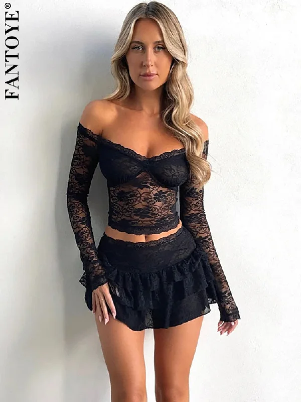 Best Bargains Joskka Off Shoulder Lace Women T-shirt Black See Through Print Floral T-shirt Female Autumn Skinny Elegant Streetwear