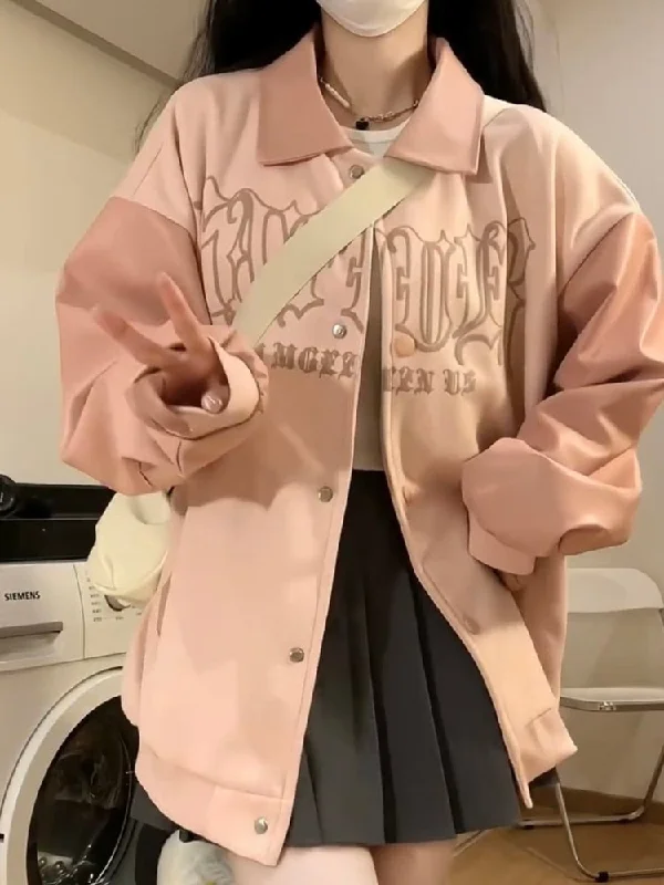 Massive Deals Joskka Oversized Jacket Women Y2K Baseball Coat Female Pink Vintage Loose Pu Jacket Ladies Harajuku Letter Printed Fall Outfits