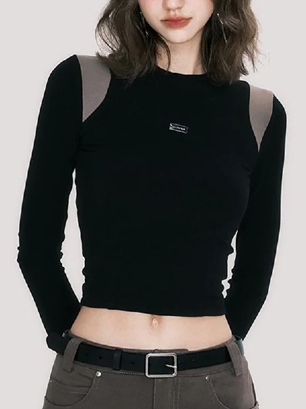 Reduced Prices Joskka Patchwork Top Women Round Neck Long Sleeve T-shirt Slim Y2k Tees Girl Harajuku Gothic Tee Shirt Fall Outfits