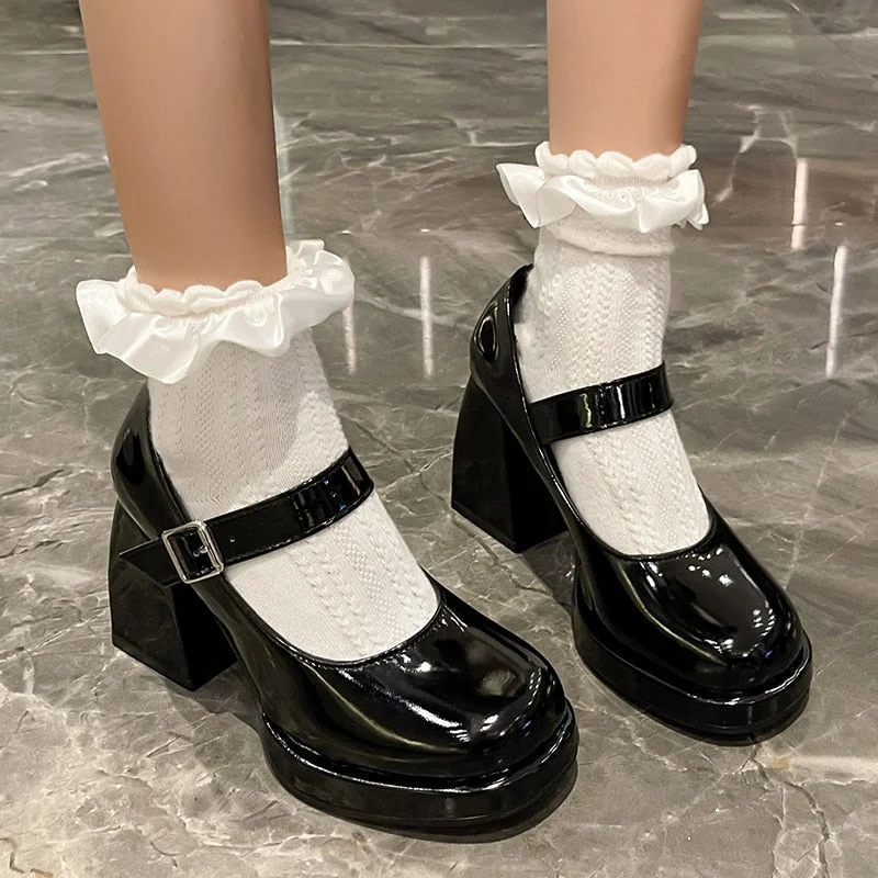 Huge Discounts Joskka Patent Leather Platform Pumps Women Elegant Square Heels Mary Jane Shoes Woman Ankle Buckle High Heeled Shoes Female