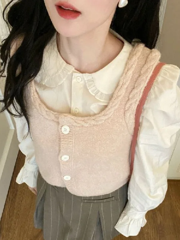Special Price Joskka Peter Pan Collar Kawaii Sweet Shirts Women Ruffles France Style Vintage Blouse Female Holiday Korean Causal Clothes  Autumn