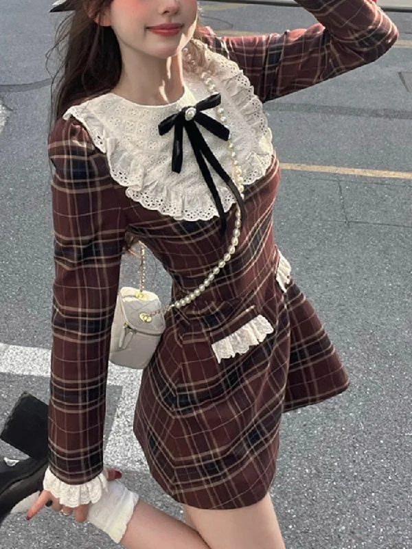 Year-End Clearance Joskka Plaid Patchwork French Vintage Dress Women Bow College Style Sweet Mini Dress Female Ruffles Dress Fall Outfits Year-End Clearance Joskka Plaid Patchwork French Vintage Dress Women Bow College Style Sweet Mini Dress Female Ruffles Dress Fall Outfits