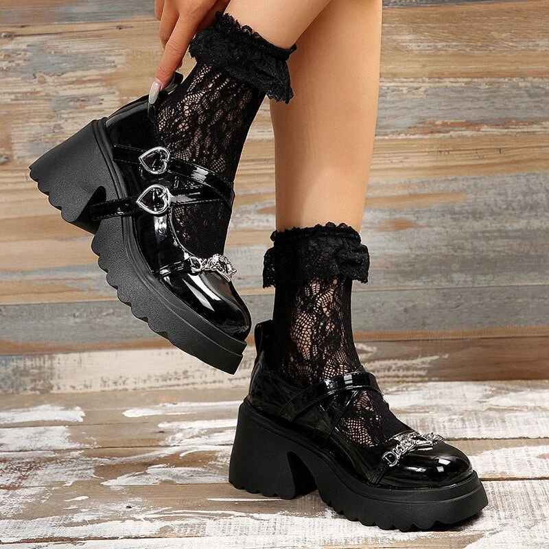 Don't Wait Joskka Punk Dark Mary Jane Lolita Shoes Women Metal Decorative Chunky Platform Shoes Woman Double Buckle Patent Leather Pumps Autumn Shoes