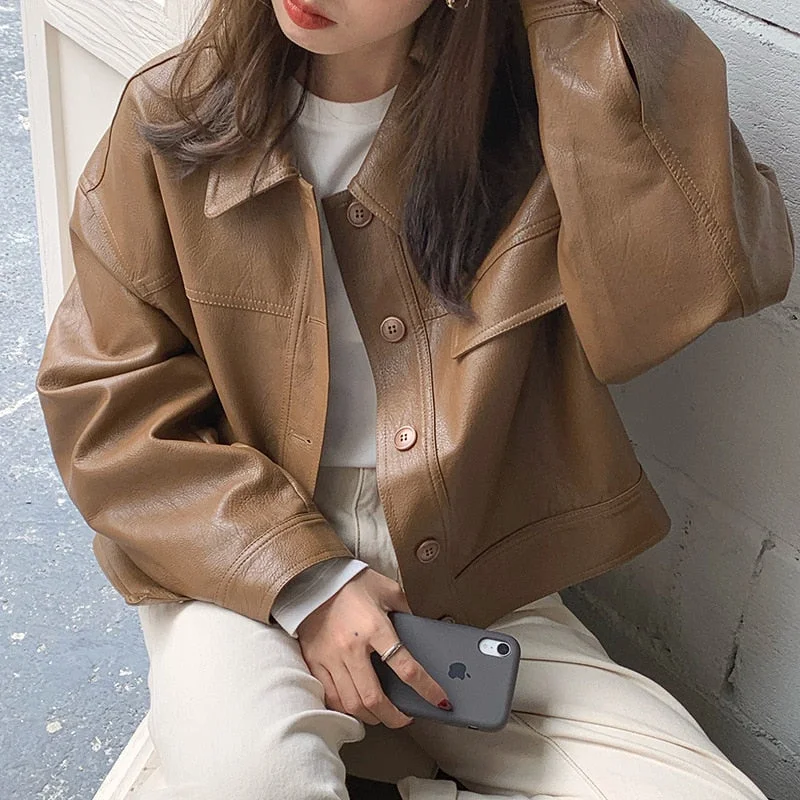 Super Savings Joskka Retro Soft PU Leather Jacket Lapel Single-breasted Loose Short Section Motorcycle Jacket Tops Coats Women  Fall Outfits 2023