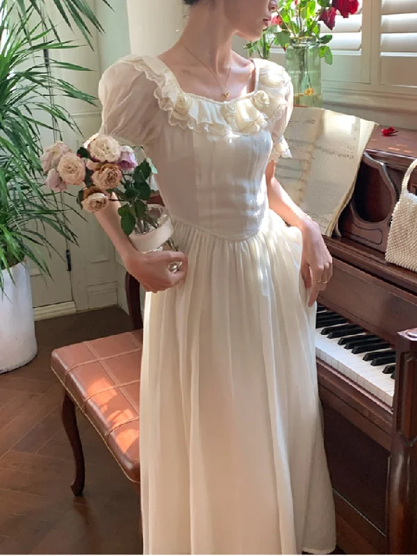 Limited Stock Joskka Rose Flower Elegant Vintage Dress Women Ruffles Lace Fairy Sweet Long Dress Female Bubble Sleeve Princess Designer Dress