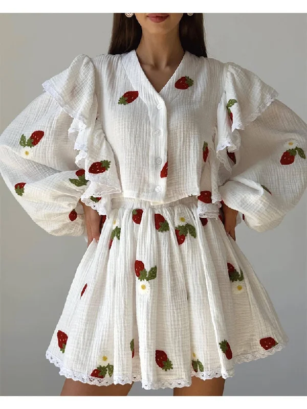 Fantastic Deals Joskka Ruffle Top Skirt Two Piece Set for Women  Summer Women's Two Piece Pattern Print Blouse Skirt Sets Fashion Home Outfits Suit