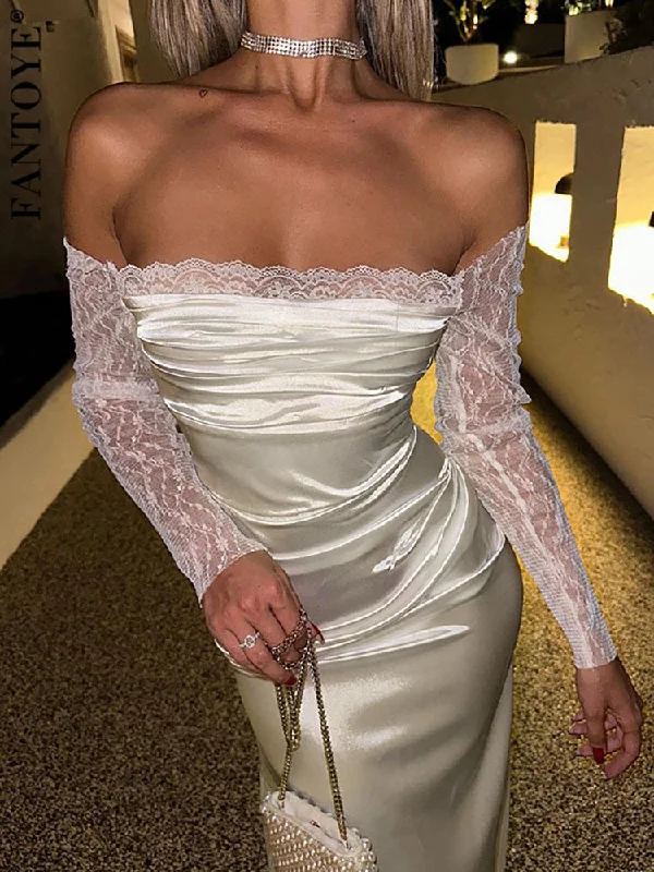 Online Specials Awakecrm Joskka Satin Off Shoulder Women Maxi Dress Long Sleeve Patchwork Lace Evening Dress Female Autumn Skinny Elegant Partywear