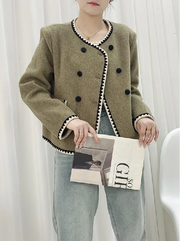 Low Prices Joskka Shell Needle Wrapped Short Woolen Jackets O Neck Loose Binding Double-Breasted Women Wool Coats Outerwear Fall Outfits