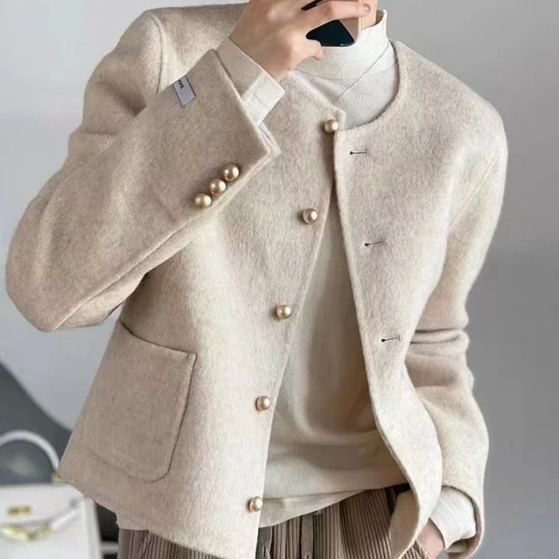 Price Slash Joskka Short Tweed Jacket Women Commuter Luxury Double-sided Tweed Jacket Round Collar Single-breasted Tops Coats Fall Outfits 2023