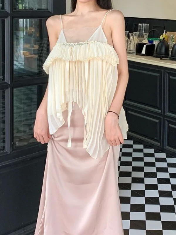 Exclusive Access Joskka Solid Vintage Elegant Two-piece Set Women Summer Korean Designer Skirt Suit Female Backless Retro Vest + Casual Pink Skirt 2023