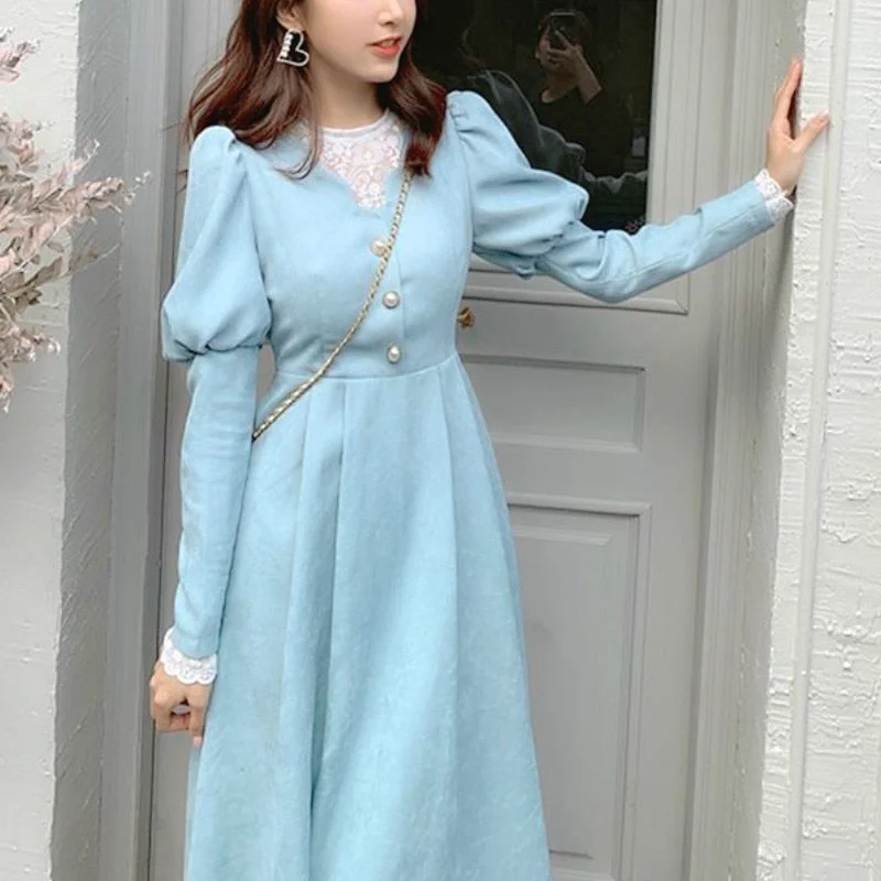 Hot Deal Joskka Spring Fall French Patchwork Dress Women Elegant Blue Lace Dress Female Puff Sleeve Kawaii Korean One-piece Dress Hot Deal Joskka Spring Fall French Patchwork Dress Women Elegant Blue Lace Dress Female Puff Sleeve Kawaii Korean One-piece Dress