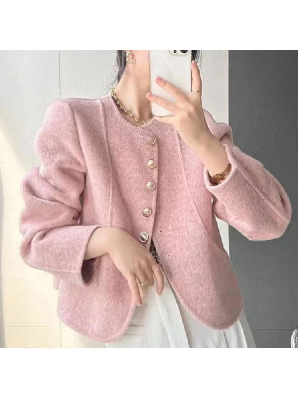 Price Rollback Joskka  Spring Gentle Women's Double-Sided Short Coats Lady Solid Color Single-Breasted All-Match Casual Woolen Jackets