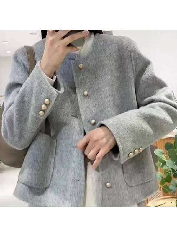 Major Savings Joskka  Spring Short Double-Sided Wool Lyocell Coats Women Solid Color Round Neck Single Breasted Loose Woolen Jackets