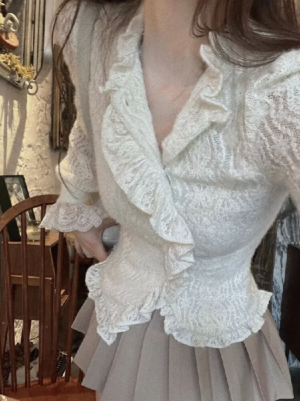 Best Seller Joskka Spring Vintage Lace Sweet Tops Women Soft Causal V-neck Elegant Shirts Female Cute Petal Sleeve Holiday Fairy Blouses  New