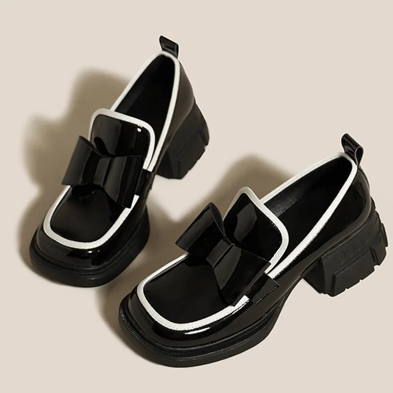 Great Deals Joskka Square Toe Chunky Loafers Women  Autumn Patent Leather Platform Heels Shoes Woman Slip on Bowknot Pumps Female Autumn Shoes